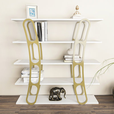 Modern White & Gold Bookshelf, 47.2 x 47.2 x 9.8 inches | 100% Melamine Coated Particle Board, Thickness: 0.7 inches | Stylish Storage Solution for Home & Office, Elegant Design, Durable & Sleek Finish