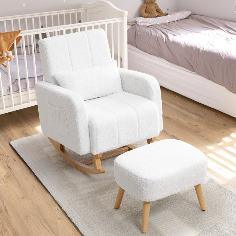 Upholstered Teddy Rocking Chair And Ottoman Ensemble, White