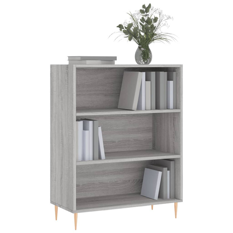 Manrey Bookcase, (3 Shelves) 90 cm H x 69.5 cm W x 32.5 cm D, Grey Sonoma/Gold