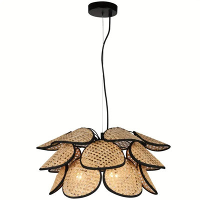 Luminaire suspendu en bambou naturel avec cadre en fer noir mat Bohème Wabi Sabi