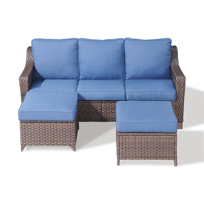 Tya Outdoor Wicker Rattan Patio Sofa With Cushions And Ottomans, Blue