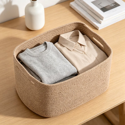 Woven Cotton Rope Storage Basket, Foldable Organizer Bin For Home, Nursery, And Office, Multi-Purpose Decorative Storage Solution With Handles