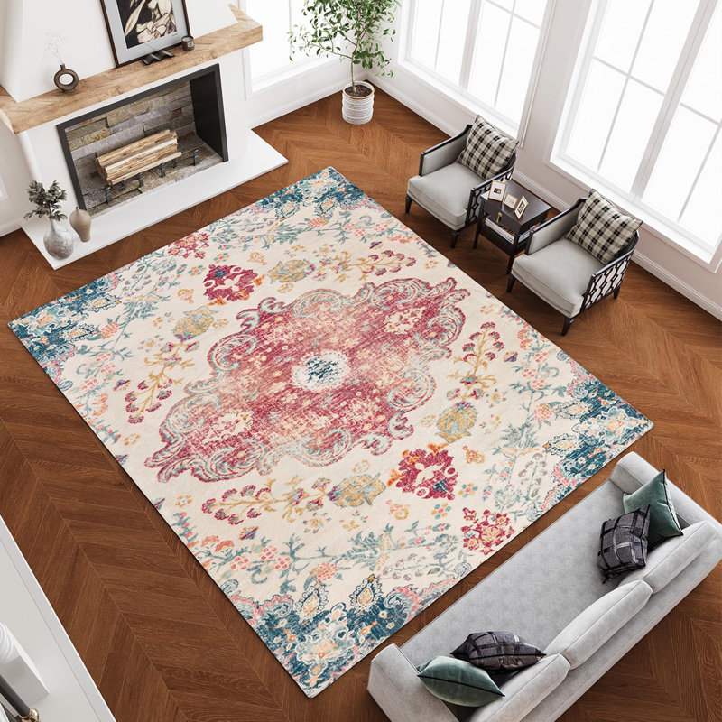 Tapis rectangulaire en laine avec envers antidérapant Juanelle, Rectangle 8 pi x 10 pi, Rubis et turquoise