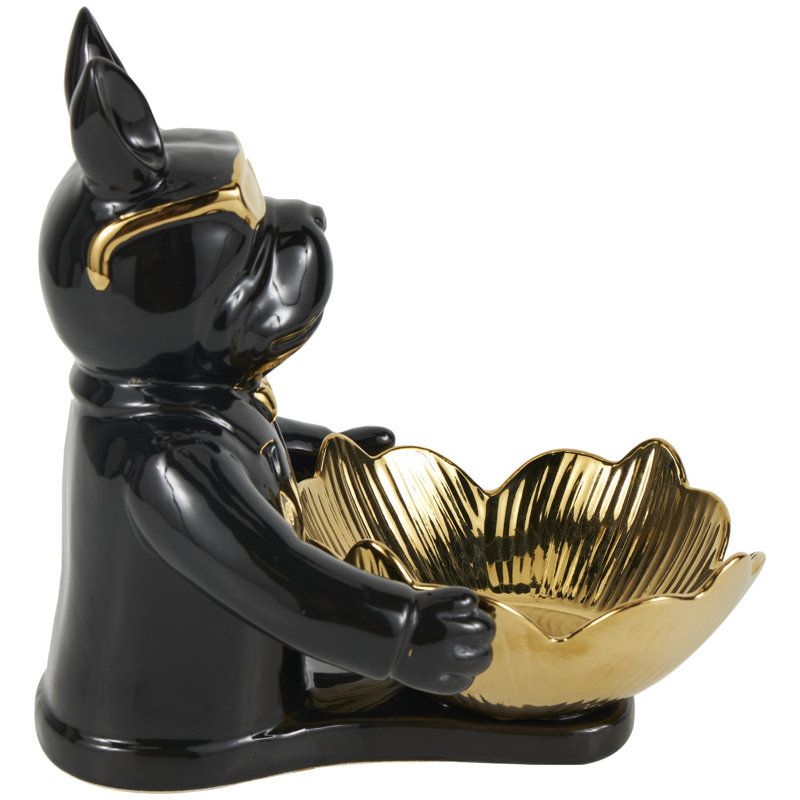Sculpture Geordi Bulldog en céramique avec accents dorés, Noir, noir, noir, noir
