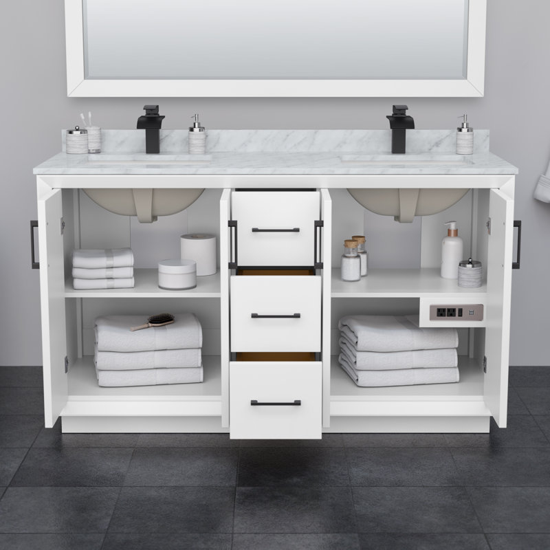 Strada 60'' W Double Vanity, Giotto Quartz, White, Matte Black