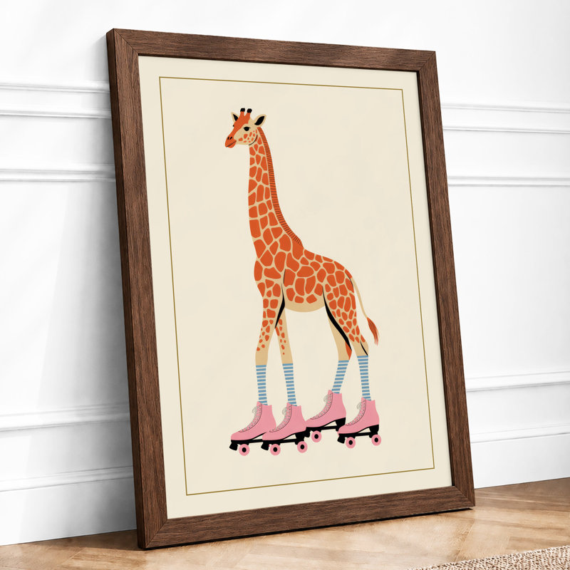 Giraffe on Roller Skates Novelty & Humour - Framed Print, A3 - 42.0 x 29.7 cm, Walnut