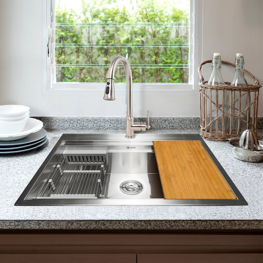 Topmount 30" L x 22" W Drop-In Kitchen Sink with Faucet and Basket Strainer AKDY