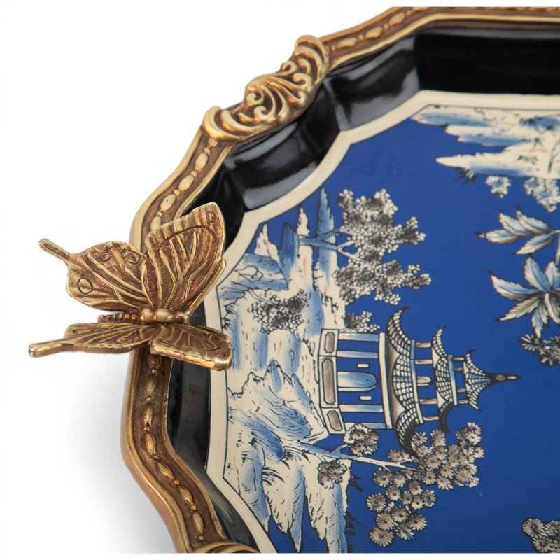 Porcelain Tray with Bronze Ormolu - Azure Pagoda