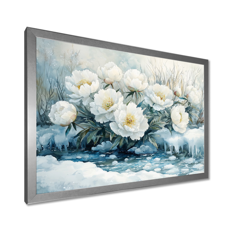 Hiver, pivoines au bord de la glace, rivière I - pivoines, art mural, Reproduction encadrée d'une seule photo, Argent argent