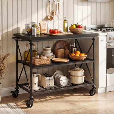3-Tier Kitchen Island with Locking Wheels and Thickened Wooden Tabletop