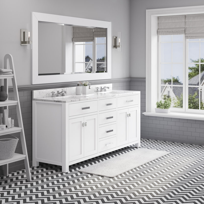 Madison 72" Carrara White Marble Countertop Bath Vanity with Mirror, Solid White