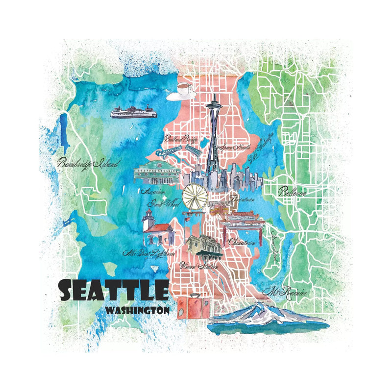 Seattle Washington Illustrated Map by Markus & Martina Bleichner - Painting on Canvas, 45.72cm H x 45.72cm W x 3.81cm D