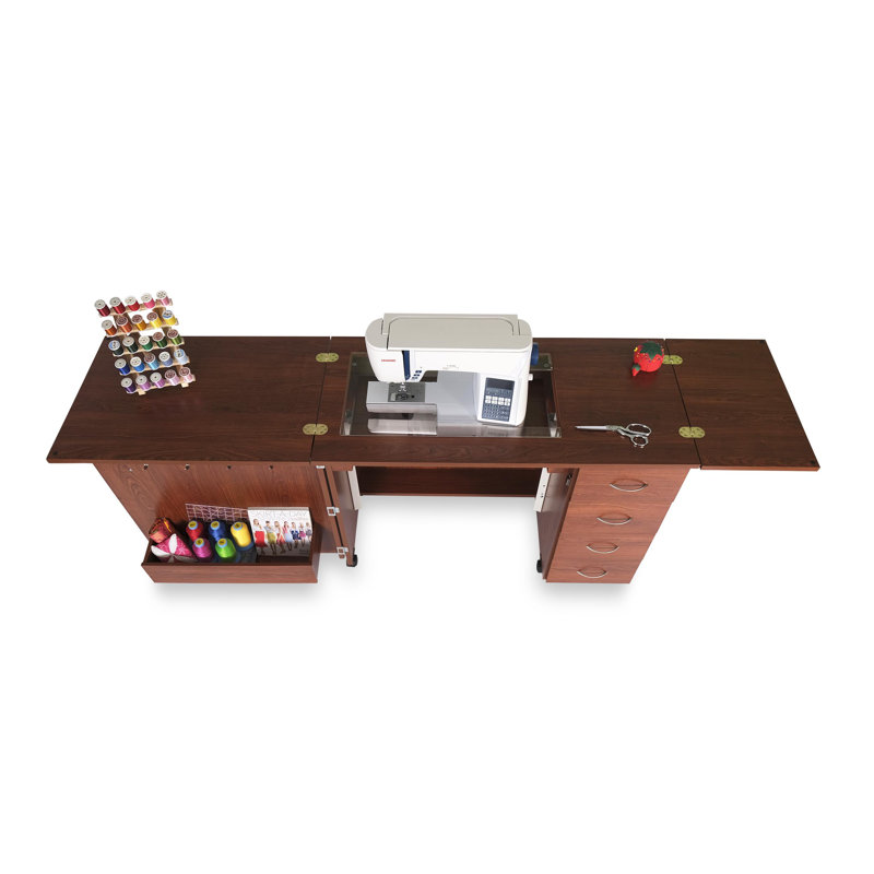 Teak Full-Size Sewing Cabinet with Hydraulic Lift and Drawers