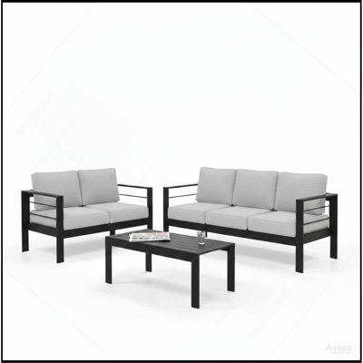 3-Piece Modern Aluminum Patio Conversation Set, 5-Seat Outdoor Sofa with  Thick Light Gray Cushions & Black Frame and Coffee Table