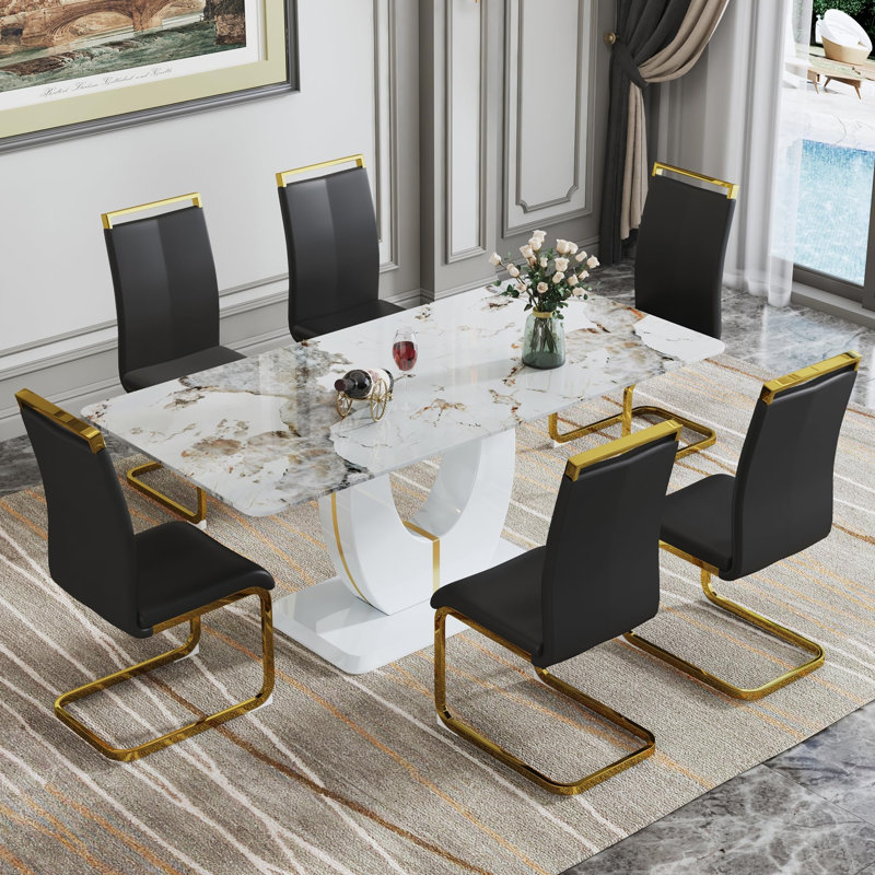 Ensemble de table de salle à manger 71 ", ensemble de table de salle à manger moderne avec base en U doré et chaises en cuir synthétique