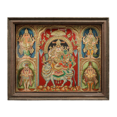 Pradosha Moorthy (Shiva Parvati) | Tanjore Painting | With Vintage Teakwood Frame