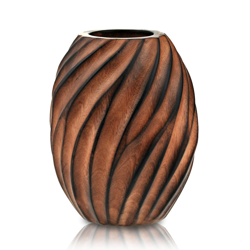 Vase à fleurs en bois de manguier à spirale sculpté à la main