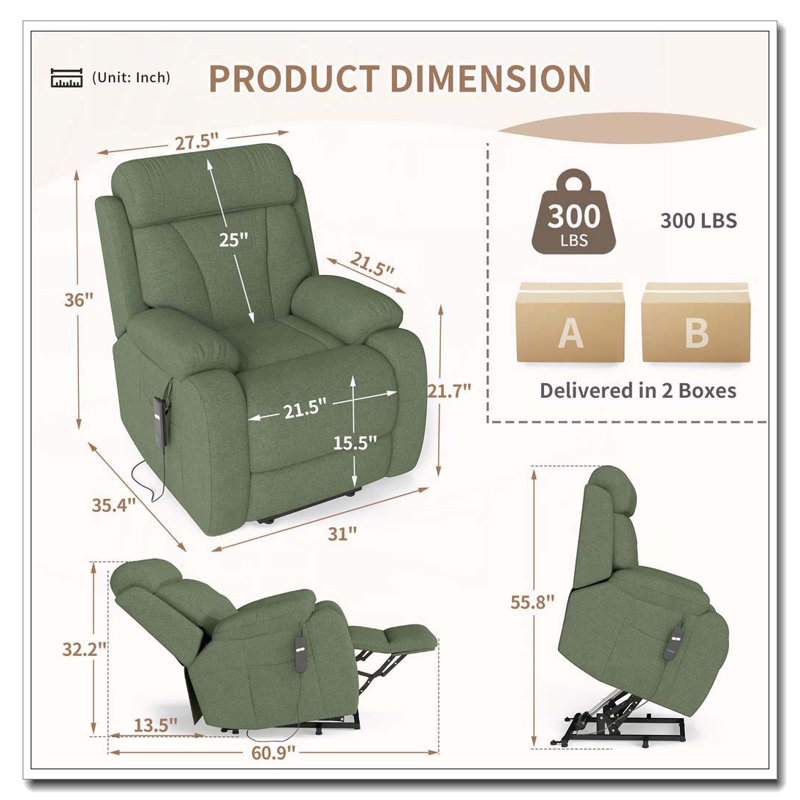 Fauteuil inclinable électrique Power Lift, Tissu velours flocon de neige, Vert foncé