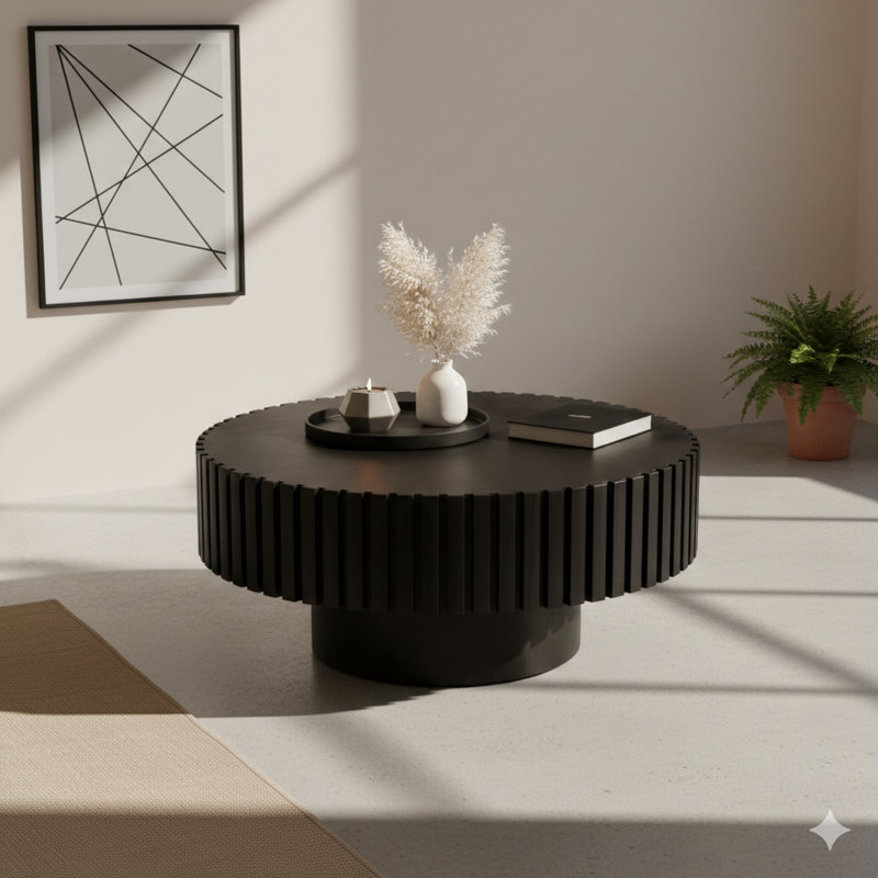 Table à thé ronde en forme d'olive fabriquée à la main avec des détails en relief sur un piédestal robuste pour le salon