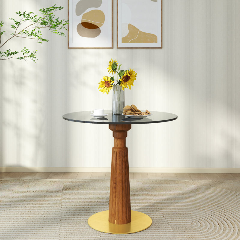 Table de salle à manger ronde moderne, table en verre trempé 33,5 po avec pieds en bois et base dorée