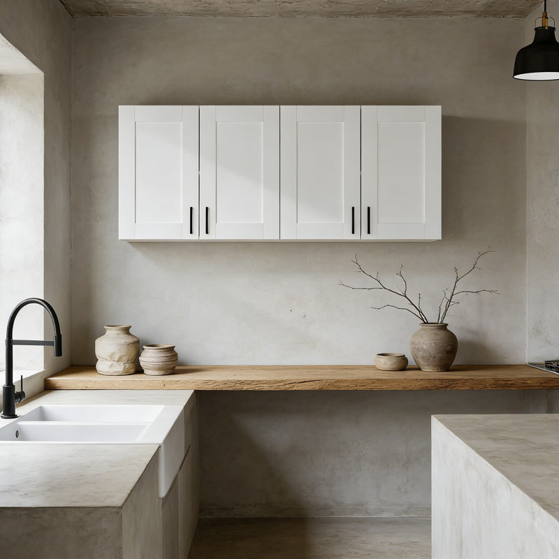 Armoire de rangement murale en bois blanc avec tablette réglable, conception à 4 portes pour la salle de lavage, la cuisine, le garde-manger et l'organisation de la salle de bain