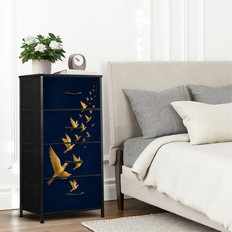 Commode 4 tiroirs pour chambre à coucher, commode étroite, plateau en bois et structure de bureau en fer 18 po x 37,5 po (lxH) - avec imprimé vol d'oiseau doré - bleu foncé