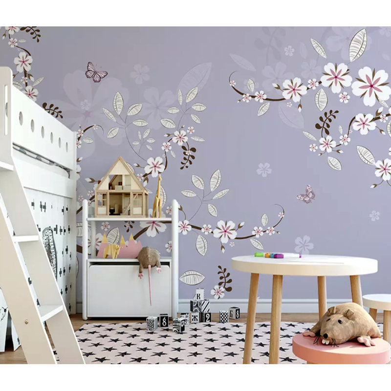 Papier peint amovible rétro avec fleurs de cerisier rétro, L 114 po x l 204 po