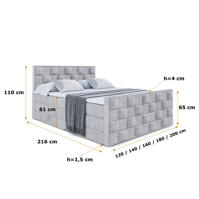 Brenen Pocket Spring Mattress Divan Bed Set,  140 x 200cm, Light gray