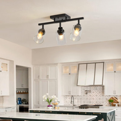 3-Lights Semi Flush Mount Ceiling Light, Adjustable Kitchen Light Fixtures Ceiling Mount with Clear Glass Shades, Rotatable Black Track Lighting Fixtures