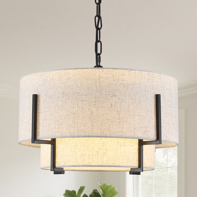 Modern 18.1" 4-Light Matte Black Drum Chandelier with Two-Tier Fabric Shade for Living Room, Bedroom, or Dining Room