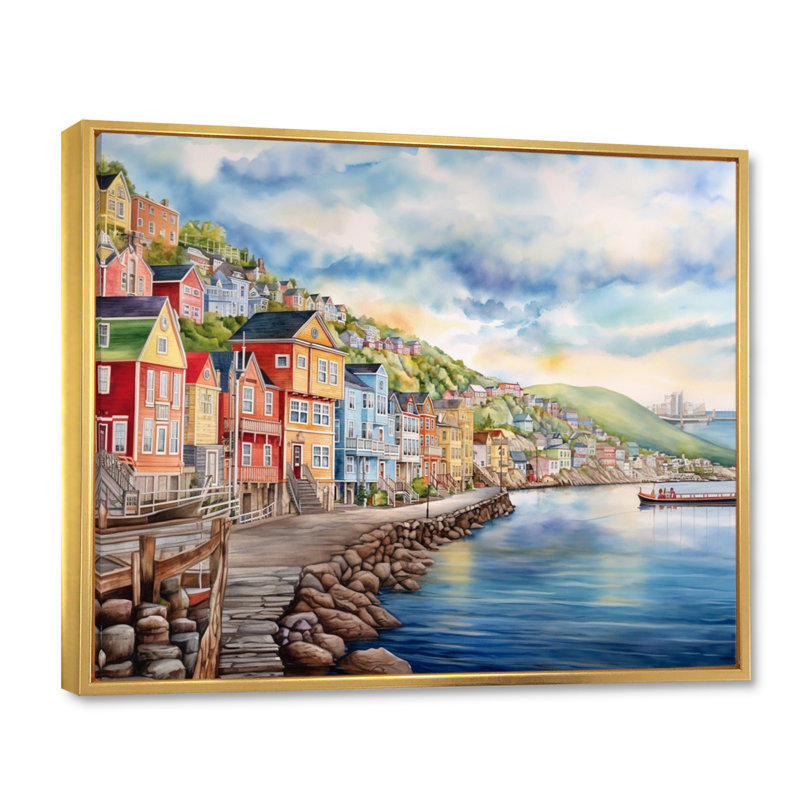 Terre-Neuve côtière rétro I sur toile, H 30 po x l 40 po x P 1,5 po, Cadre flottant doré