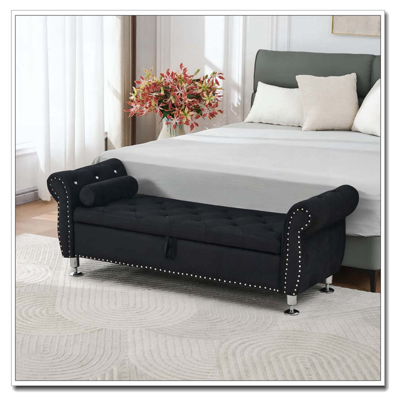 62.2 Inch Soft Velvet Storage Bench, Black