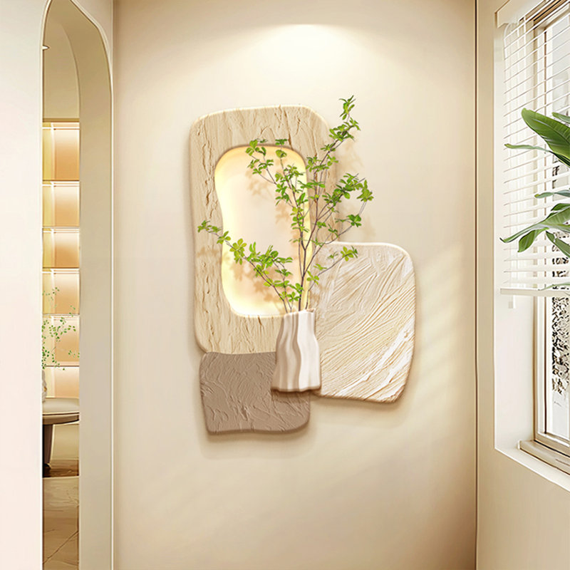 Art mural 3D en grès crème avec lumière DEL et plante artificielle pour le salon, H 47,24 po x l 32,68 po x P 1,97 po