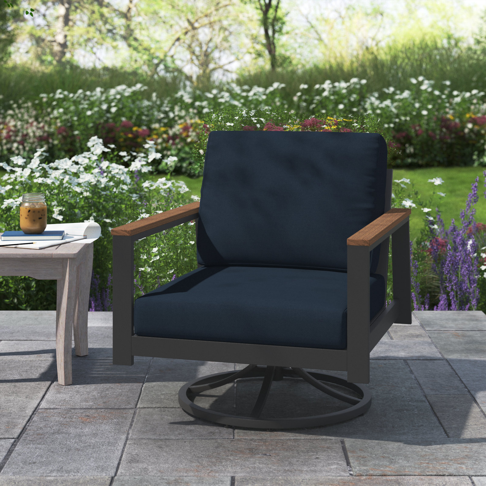 Townsend Outdoor Rocking Metal Chair with Cushions, Canvas Navy Sunbrella® Canvas, Brown, Yes