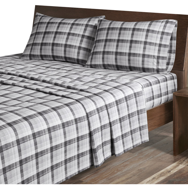 Queen Gray Plaid Cotton Flannel Sheet Set