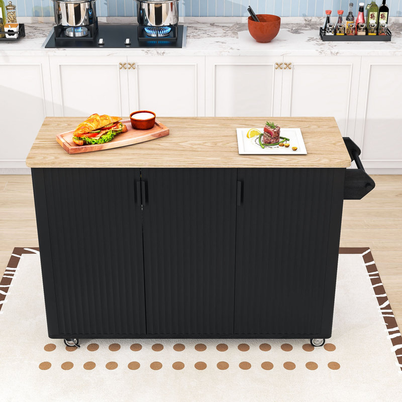 Corilla Farmhouse Rolling Wooden Kitchen Cart with Expandable Drop-Leaf and Internal Storage, Black Ash