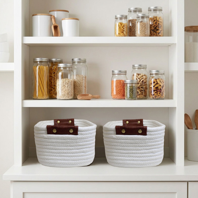 Reva Collection 100% Cotton Storage Basket, Woven Rectangular Organizer Bin, 11" x 9" x 6", for Shelf Storage, Closet Organization, Bathroom, Nursery, Pantry & Office, Decorative Basket, White