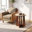 Table d'appoint 19,69 po ronde en pierre frittée avec base en bois massif, table d'appoint Mid-Century pour le salon-391898078