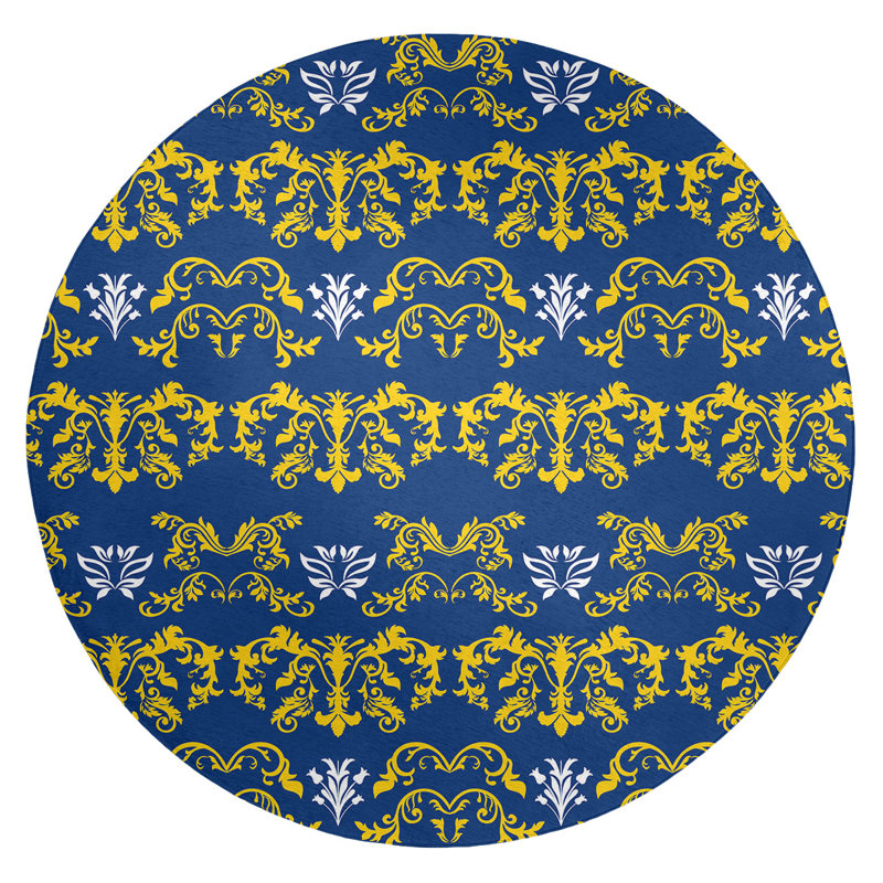 Tapis rond bleu damassé à motif baroque
