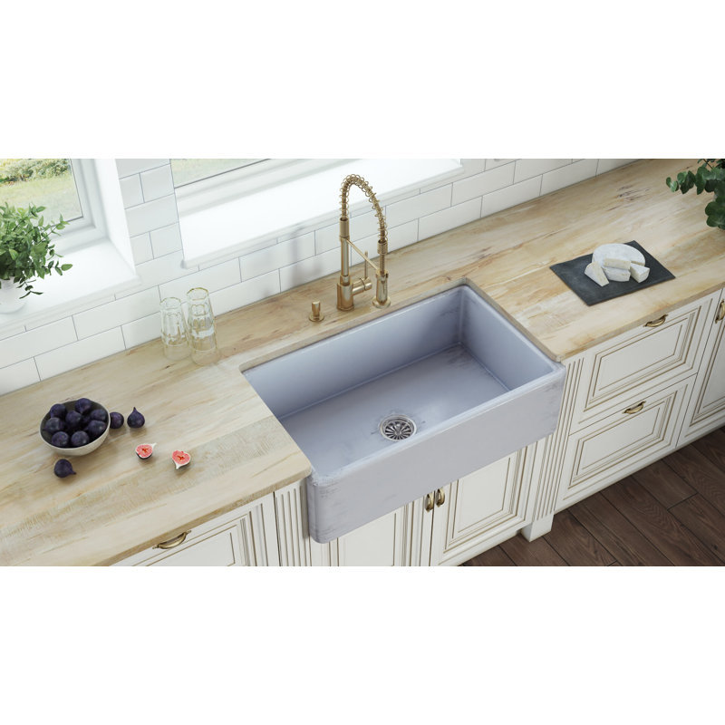 Fiamma 33" L x 20" W Farmhouse Kitchen Sink with Sink Grid and Drain Assembly, Distressed Coastal Blue