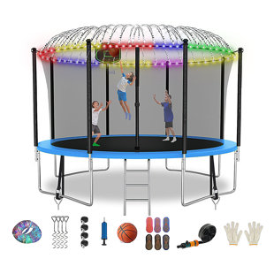 14FT Round Backyard Outdoor Trampoline with Safety Enclosure, Light, Sprinker, Socks
