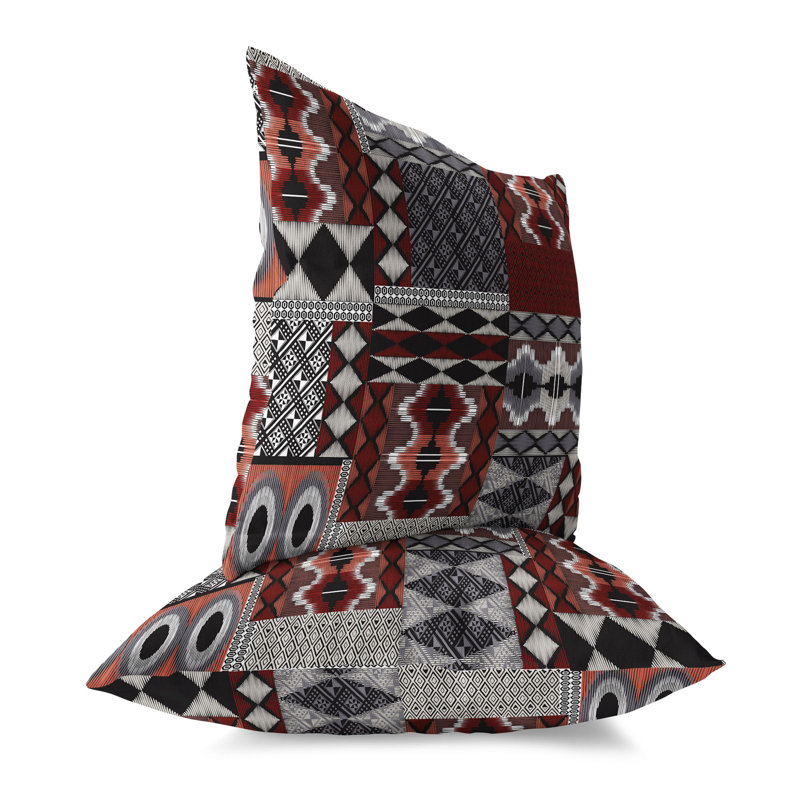 Red and Gray Patchwork Faux Suede Throw Pillow 16" x 16"