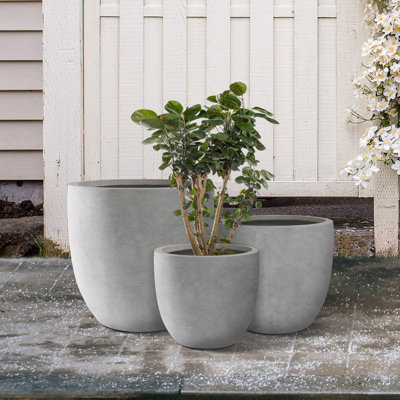 Ensemble de 3 pots à fleurs ronds en béton au fini gris anthracite, pots de plantes décoratifs d'extérieur avec trou de drainage et bouchons en caoutchouc