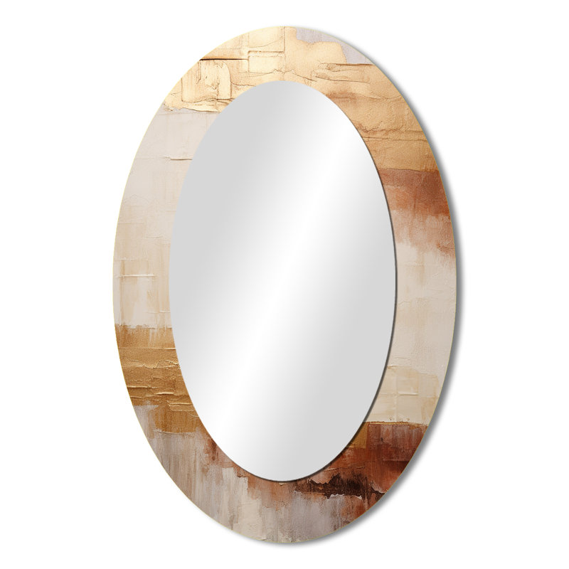Minimal Gold And Beige Abstract River II - Beige Oval Wall Mirror Decor, 36" H x 24" W