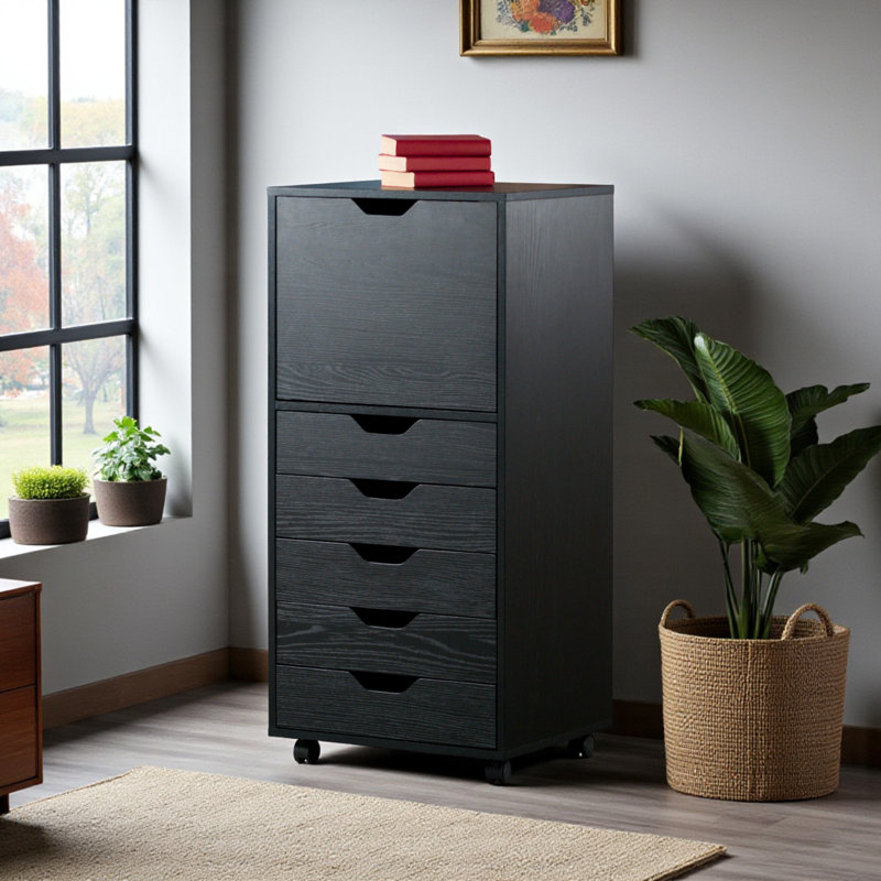 Holthaus Black Finish 5-Drawer Storage Mobile Cabinet With Wheels, 41.23'' H X 19.03'' W X 15.79'' D, Black
