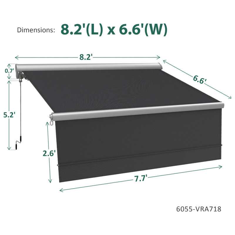 Retractable Patio Awning with Valance, Aluminum Frame, Polyester, 8' x 7', Dark Grey