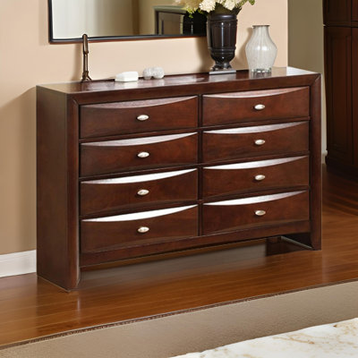 Commode large Simo, plateau spacieux, boutons en métal, 8 tiroirs, bois massif