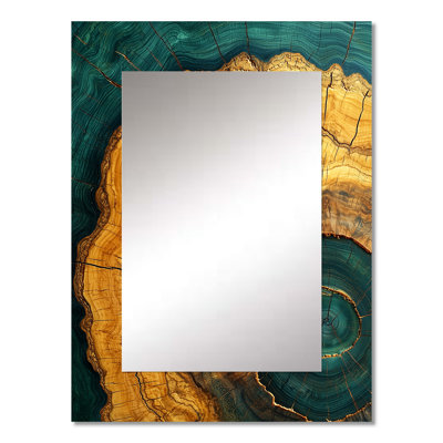 Emerald Stone And Wood Slide Roots Of Serenity I - Trees Mirror, Traditional Decorative Wall Mirror, Printed Metal Art