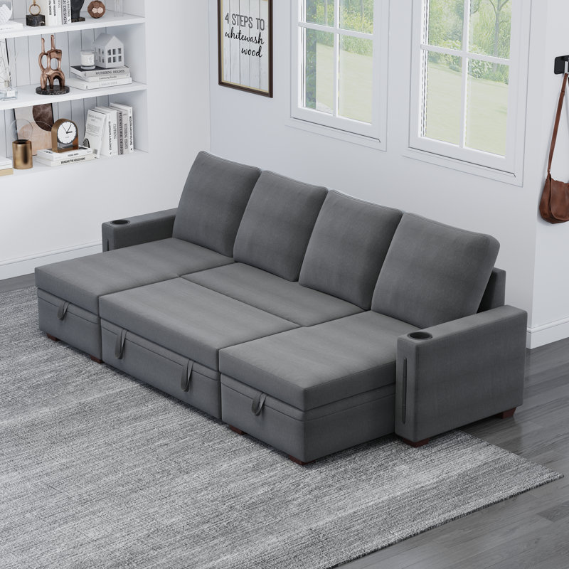 91" Convertible Sofa Couch with Pull Out Couch Bed, Dark Gray