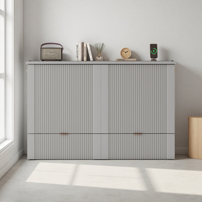 Lit escamotable double avec tiroir et un ensemble de prises et ports USB, structure de poulie